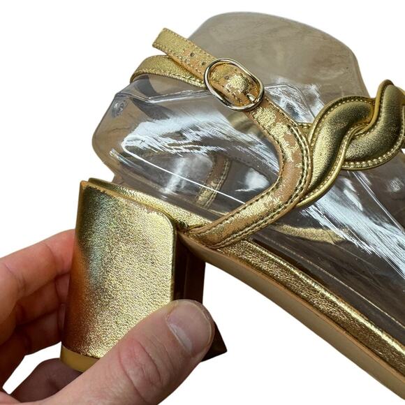 Stuart Weitzman Dancer Twistie Gold Metallic Braided Sandal Heel, Size 10.5 - Picture 9 of 9